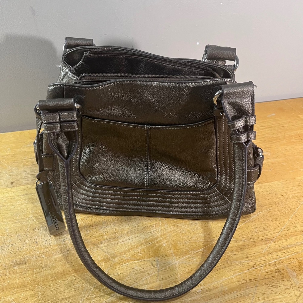 Tignanello Metallic Bronze Pewter Pebbled Leather Multi-Compartment Shoulder Bag
